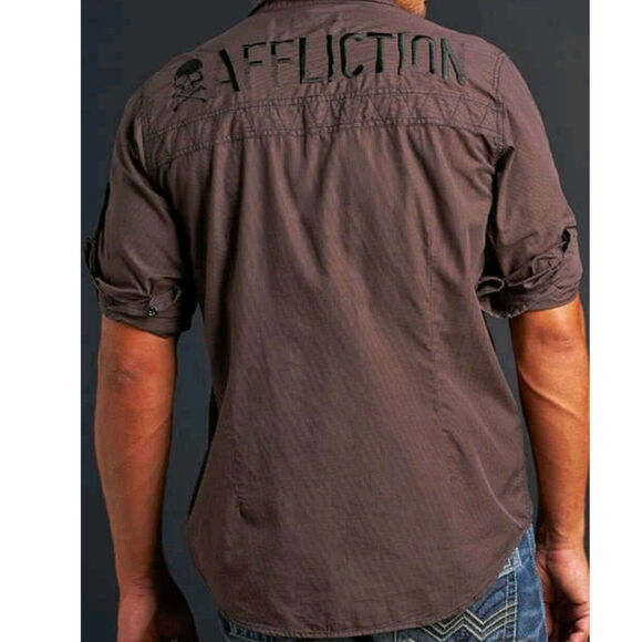 Affliction POWER TRAIN Button Down Shirt in Brown Pinstripe, sz Large - Picture 4 of 16